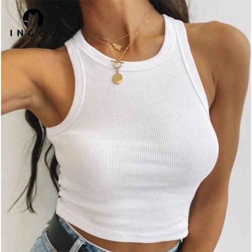 INGOO Sexy Sleeveless Slim Crop Top Women Solid O Neck Bodycon Ribbed Tank Tops Fashion Casual Wild Basic T-Shirt Street Outifit