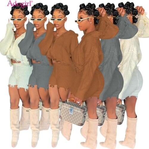 Adogirl Women Tassel Sweater Two Piece Set Solid Zipper Long Sleeve Hooded Cardigan Coat And Shorts Autumn Winter Knitted Suit