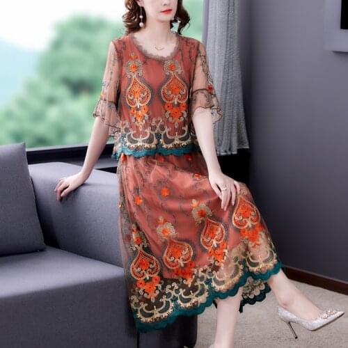 2021 Summer High Street Mesh Flroal Embroidery Long Dress Women Casual Vintage Beach Midi Dresses Elegant Bodycon Party Vestidos