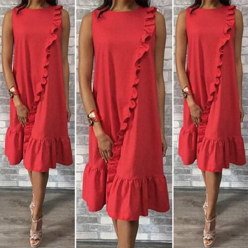 Women Red Dress for Streetwear Patchwork Design Ruffles Decor O-Neck Sleeveless Dress Lady Summer Loose Casual Dress 2021 New