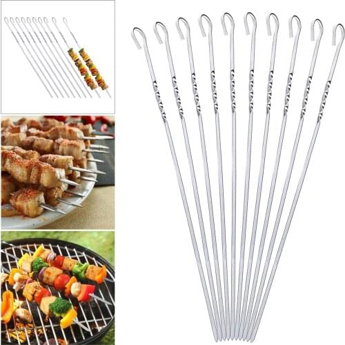 10x Stainless Steel Barbecue Skewers Anti-Rust Reusable BBQ Skewers with Wooden Handle