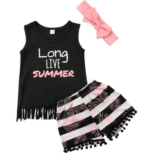 3PCS Summer Kids Baby Girl Vest Sleeveless T Shirt+ Stripe Short Trousers Clothes Headwear Outfit Set