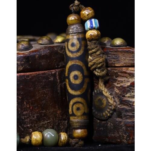 3"Tibet Buddhism Old Natural agate Filigree Gilt mosaic Three eyes Dzi Bead Pendant Town House Exorcism Ward off evil spirits