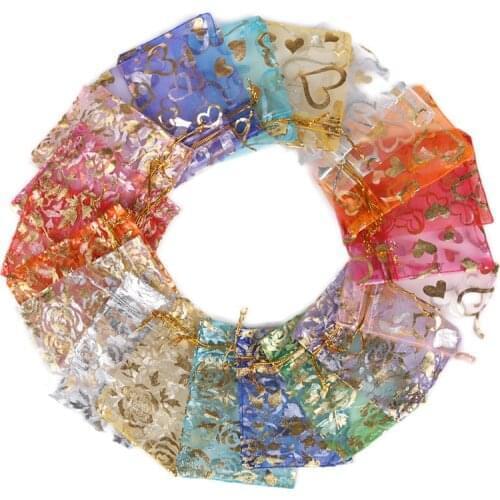 50pcs/Lot 7x9 9x12 11x16 13x18cm Printing Roses Love Christmas Organza sack Drawstring Gift Charm Jewelry Packaging Bags