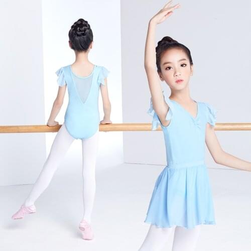 Ballet Leotards For Girls Kids Dance Leotard Short Sleeve Mesh Splice Cotton Ballet Costume With Chiffon Skirt Set