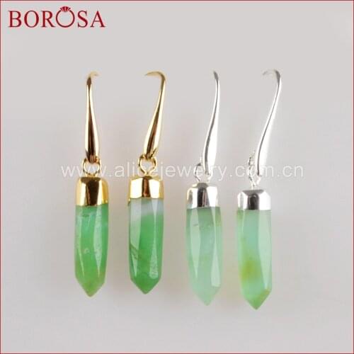 BOROSA Natural Australia Green Stone Gold Color Druzy Threader Earrings, Drop Earring Dangle Earrings for Women Gems Jewelry1353