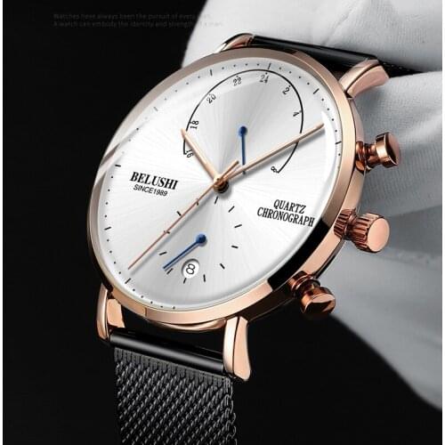 BELUSHI Top Brand Mens Watches Leather Strap Quartz Waterproof Watch Men Fashion Chronograph Luxury Mens Sports Wrist Watch