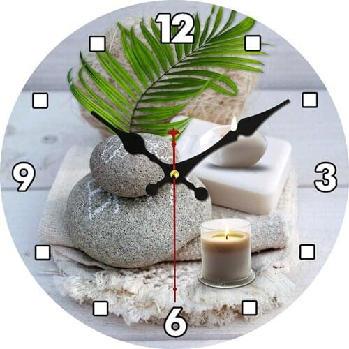 Zen Stone with Leaves Wooden Clock Arabic Type Silent Non-Ticking Round Wall Clock Home Art Bedroom Living Dorm Room Decor