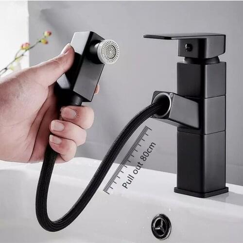 Black Pull Out Bathroom Basin Sink Faucet Hot Cold Water Mixer Tap Black Faucets Crane with Spray Bathroom Faucet