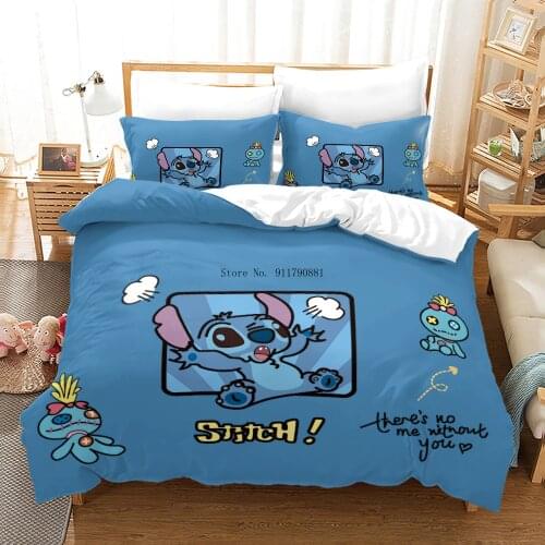 Home Textile Disney Childrens Bedding Set Cute Stilch Print Blue and White Comfy Duvet Cover with Pillowcase Bedroom Decor