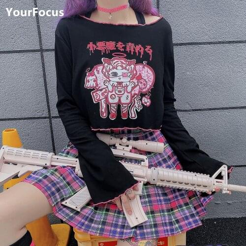 Harajuku Goth Devil Girl Print Long Sleeve Lace Cropped Gothic T Shirt Women Autumn Streetwear Pullovers Rock Punk Tops Tee