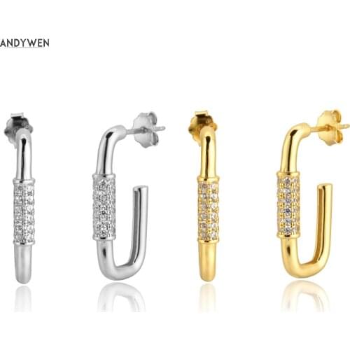 ANDYWEN 100% 925 Sterling Silver Gold 21mm Hoop Piercing Rock Punk Luxury Fashion Zircon CZ Luxury Irregular Loop Pendiente