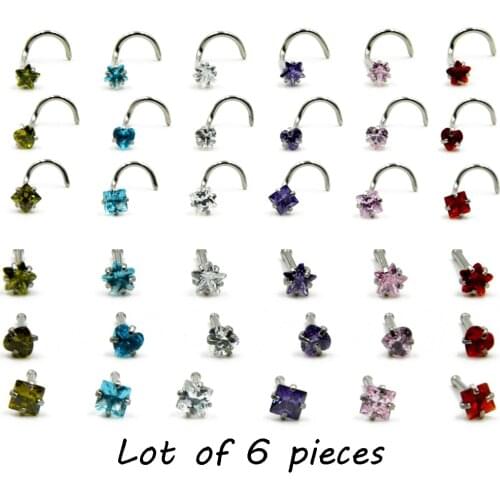 Lot of 6pieces Clear Star Mix Color Heart Square Cubic Zirconia Crystal Nose Screw Ring Piercing Body Jewelry Stud Retainers 20g