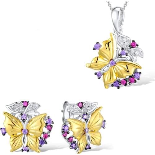 New Wedding Exquisite Jewelry Set Two Tone Gold Cubic Zircon Butterfly Pendant Choker Chain Necklace Stud Earrings Set for Women