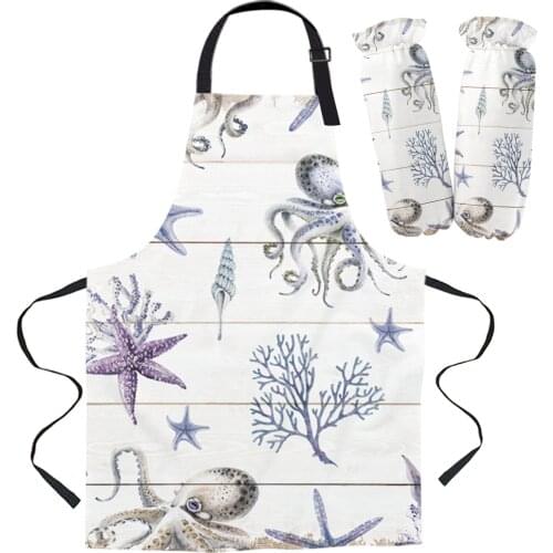 Ocean Watercolor Creatures Starfish Octopus Kitchen Apron Baking Accessories Sleeveless Aprons for Men Women Home Cleaning Tools