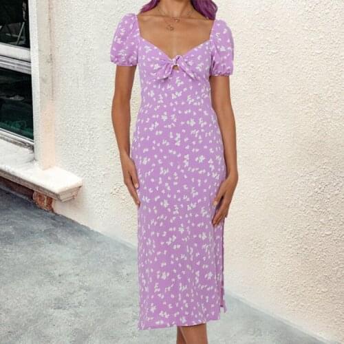 Summer Sweet Purple Floral Dress 2021 платье летнее Bow Collar With Backless Short Sleeve Robe Femme Casual Womens Dresses Midi