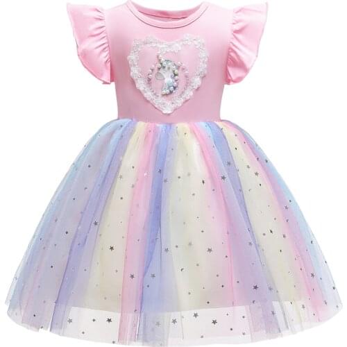 Summer girls dress 2020 childrens knitting cotton Unicorn Printed Dress small flying sleeve rainbow mesh princess dress