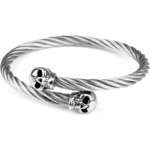 Silver Color Double Skull Skeleton Head Bracelets Stainless Steel Cable-wire Chain Stretchable Charm Punk Style Bangles For Men
