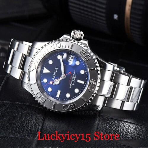 PARNIS Luxury Royal Blue Dial Sapphire Crystal 41mm Auto Date Mechanical Mens Watch Stainless Steel Bracelet Clasp