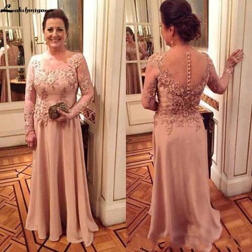 Sexy Backless Mother Of The Bride Dresses with Long Sleeve Lace Appliques Flower Illusion Satin Evening Gown Wedding Guest Dress