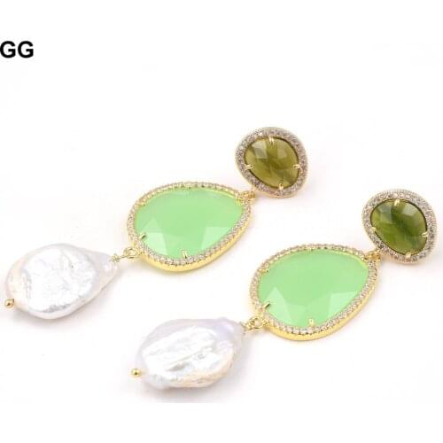 GuaiGuai Jewelry Natural Cultured White Keshi Pearl Green Crystal Stud Cz Paved Dangle Stud Earrings For Women