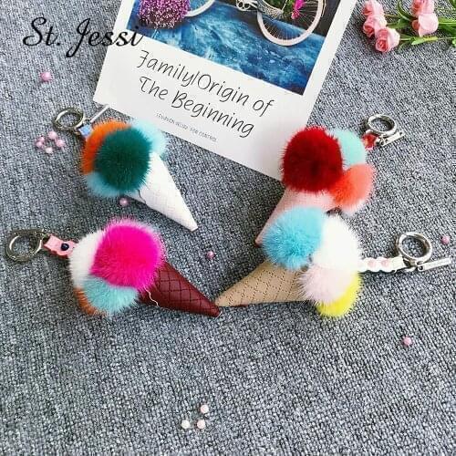 ST.Jessi Ins High Quality Real Genuine Mink Fur Monster Ice Cream Cone Leather Keychain Keyring Bag Charm Car Key Ring Pendant