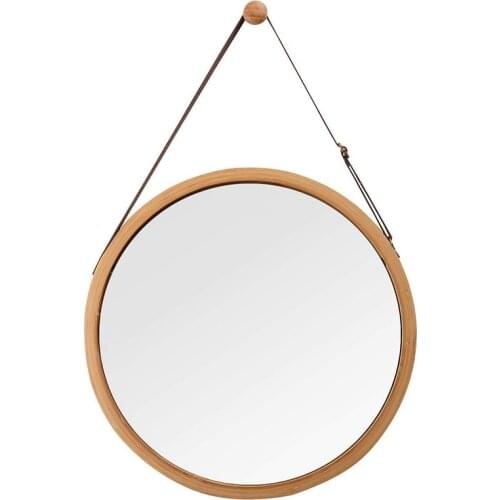 TOP Hanging Round Wall Mirror in Bathroom & Bedroom - Solid Bamboo Frame & Adjustable Leather Strap