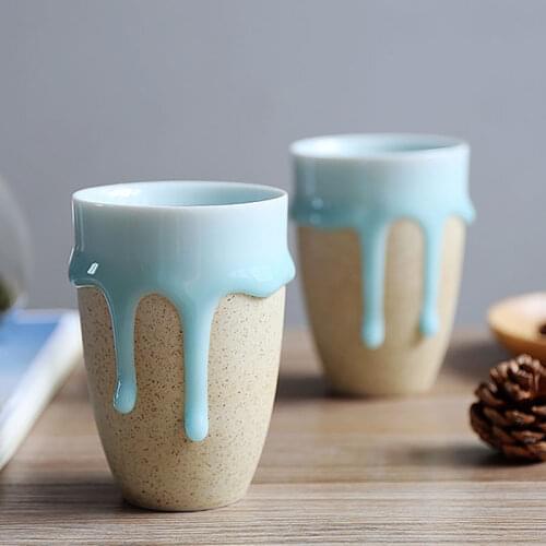 High Quality Zakka Style Brief Ceramic Cups Handmade Flow Glazes Water Ice Cream Tea Porcelain Coffee Cups Drinkware Blue Mugs