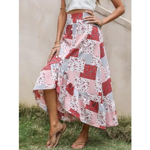 New Long Skirts Women Button Geometric Print Ruffled Asymmetric Midi Skirt Fashion Vintage Ladies Streetwear Skirt Women Clothes