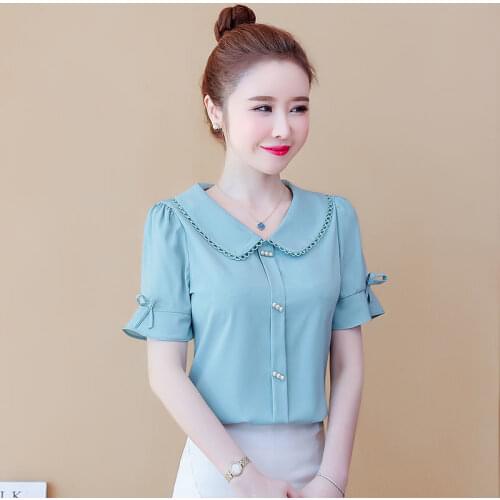Doll collar short-sleeved chiffon shirt womens summer 2021 new fashion temperament foreign style blouse all-match