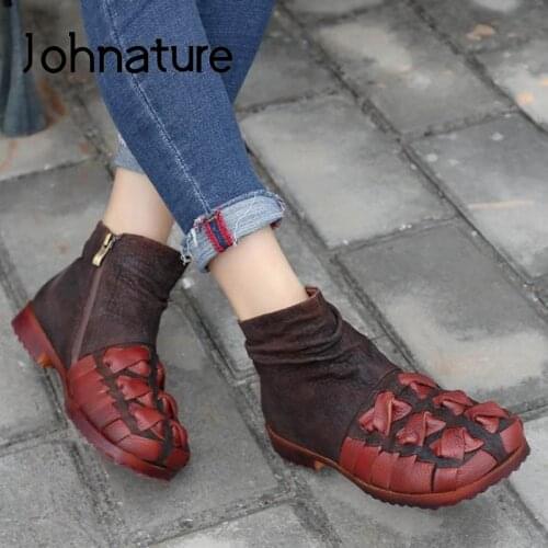 Johnature Winter Women Shoes Platform Boots 2021 New Genuine Leather Handmade Fashion Zip Round Toe Sewing Concise Ladies Boots
