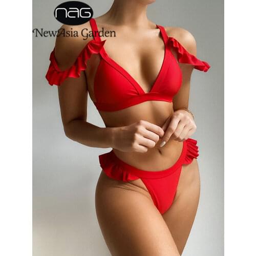 NewAsia Beach Swimsuit Women Solid Color Red Patchwork Cut out Deep V Push up Bikini 2 Piece Set Ladies Sexy Summer Bathing Suit