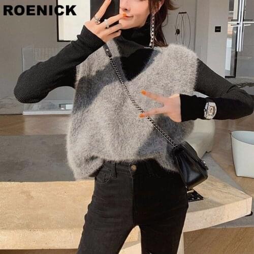 ROENICK Sweaters Vests Women Fluffy Soft Solid V-neck Sweater Vest Womens Warm Korean-style Loose Leisure Fashion Street-wear