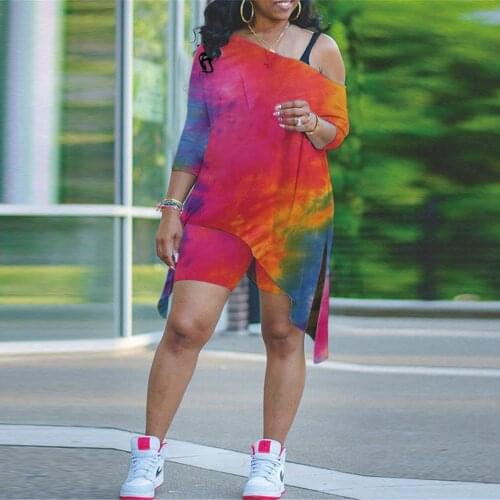 Womens Tracksuit Tie Dyeing Print One Shoulder Loose Irreglar T-shirt and Biker Shorts Casual Female Clothing Two Piece Outfit
