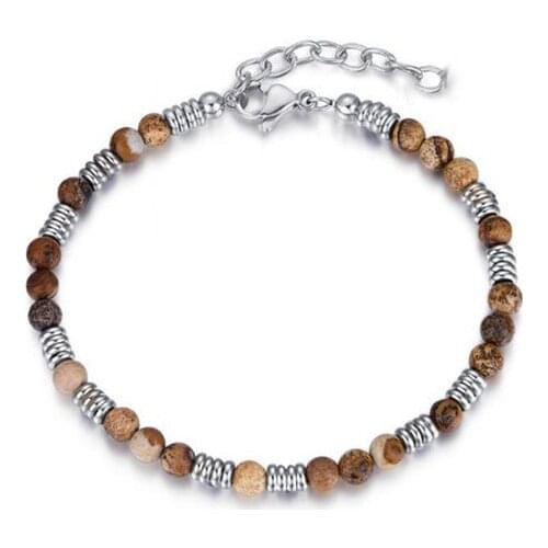 Runda Adjustable Natural Beaded Bracelet Mens Stainless Steel Jewelry Holiday Gift