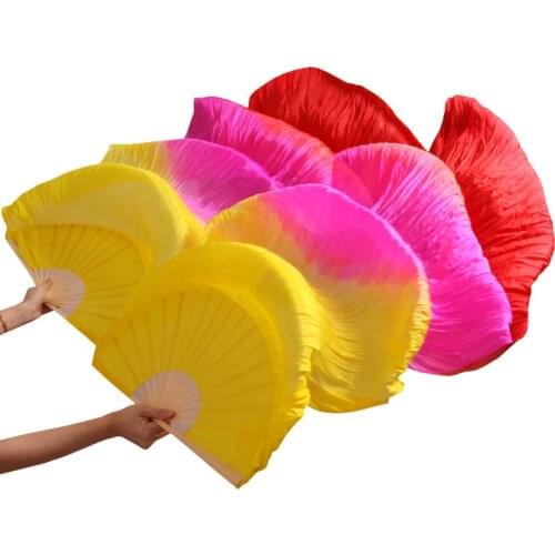 100% Silk Dance Fans Handmade Dyed Bamboo Ribs Belly Dance Fans Silk Dance Props Fans 1Pair Left+Righthand Yellow+Rose+Red Color