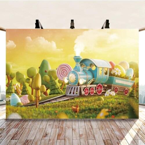 Happy Easter Bunny Eggs Lawn Train Car Shower Hut Cartoon Style Photography Background Backdrop For Kids Photo Studio