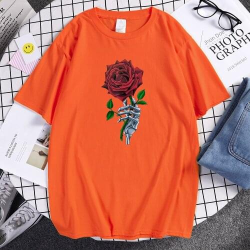Skeleton Hand Red Rose Flower Print T-Shirts Round Neck Clothing Fashion Vintage Men T Shirts Oversized Comfortable T-Shirt Male