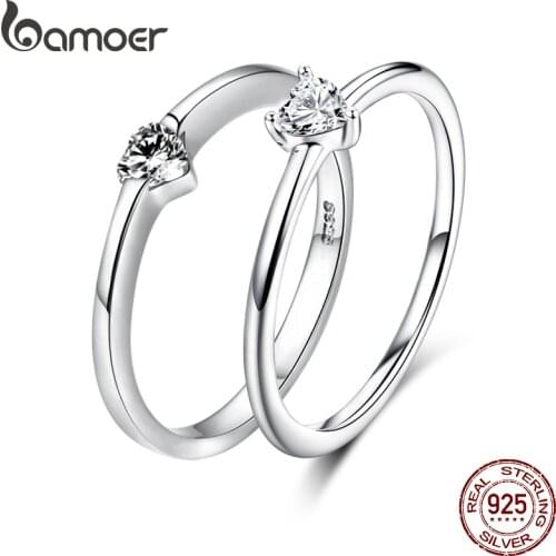 Bamoer 925 Sterling Silver Luminous Finger Ring Simple Heart Wedding Rings for Women Wedding Engagement Jewelry SCR450
