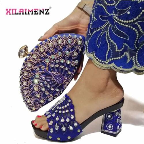 Mature African Shoes With Matching Bag Set 2019 New Design Italian Women Party Shoes and Bag Sets with Crystal in Royal Blue