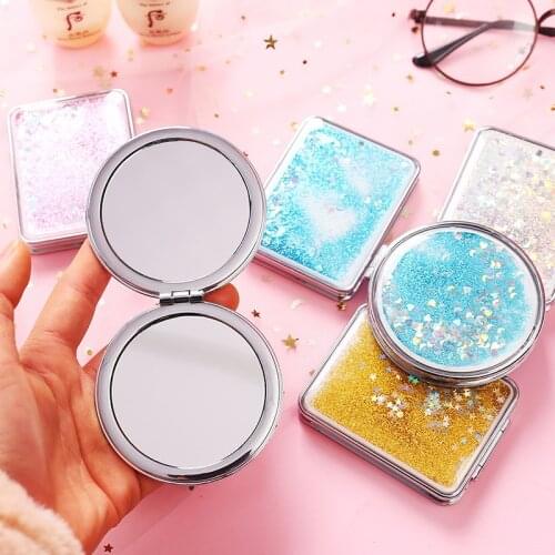 Mini Makeup Mirror Pocket Round Mirror Portable Double-Sided Folding Magnify Cosmetic Mirror Female Gifts Flowing Sparkling Sand
