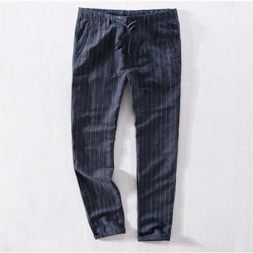 Suehaiwes brand long pants men linen and cotton striped trousers men loose casual blue pants mens 30-40 size pantalones broek