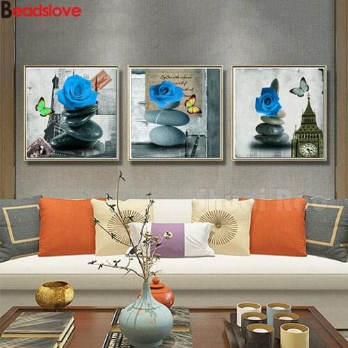 3 pieces Blue Rose stone Retro big ben diamond painting full square mosaic set 3d cross stitch embroidery rhinestones Triptych