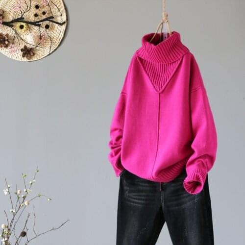 2020 Winter New Turtleneck Women Sweaters And Pullovers Hot Pink Loose Thicken Warm Lady Pulls All Match Outwear Coat Tops