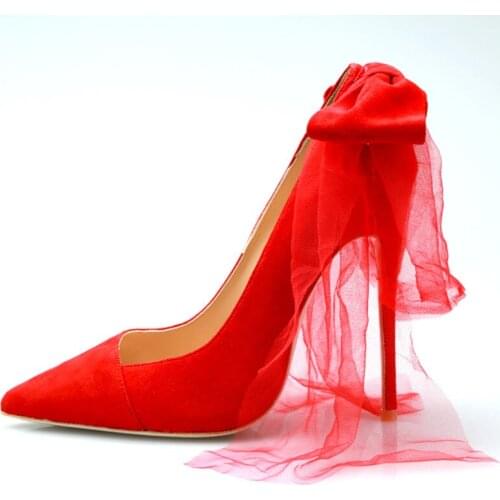 Sexy Ladies Bright Red Square Low Cut Pumps Back Bowtie Mesh Lace Wedding Stiletto Shoes Women Pointed Toe Fashion High Heels