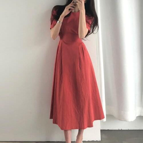 Vintage Puff-sleeve Slim Waist Women Dress Elegant O-neck Zipper Female A-line Dress 2020 Summer Solid Party Vestidos femme