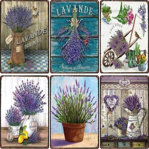 Retro Lavender Metal Plate Flower Farmhouse Tin Signs Vintage Plaque Wall Art Poster Home Garden Farm Wall Art Decor 20X30Cm