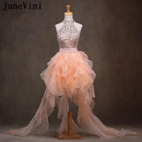 JaneVini Luxury Crystal Short Bridesmaid Dresses 2018 A Line Tiered Ruffles Halter Organza Prom Gowns Formal Dress For Wedding