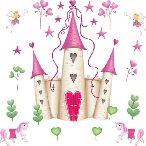 Removable Pink Princess Castle Room Fairy Girl Tower Wall Sticker for Girls Kids Bedroom Unicorn Wall Decor Vinyl Mural Decals