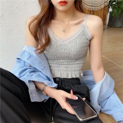 Gray Korea Japan Lady Women Girl Fashion Denim Sling Top Vest Sling beauty Lace Bra camisole Tops Tights Sleeveless Slim Summer